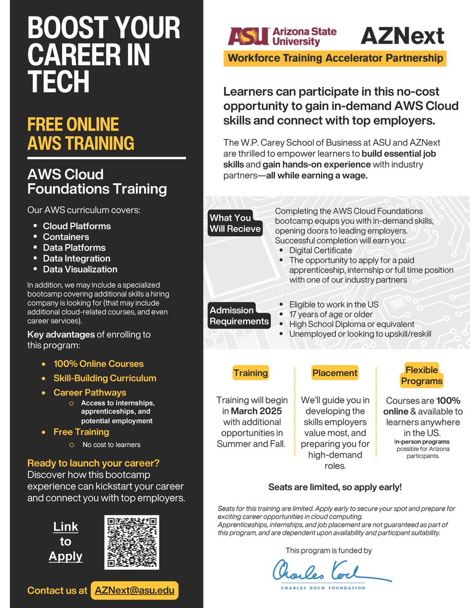 The AZNext program just launched a remote AQS Cloud Training program! It's available to anyone in the US looking to upskill, and there's a paid apprenticeship or full-time job opportunity at the end of the program.
…ingenterprise.my.salesforce-sites.com/AZNext/AZNextW…
🚀 Apply soon. Seats will fill up quick!