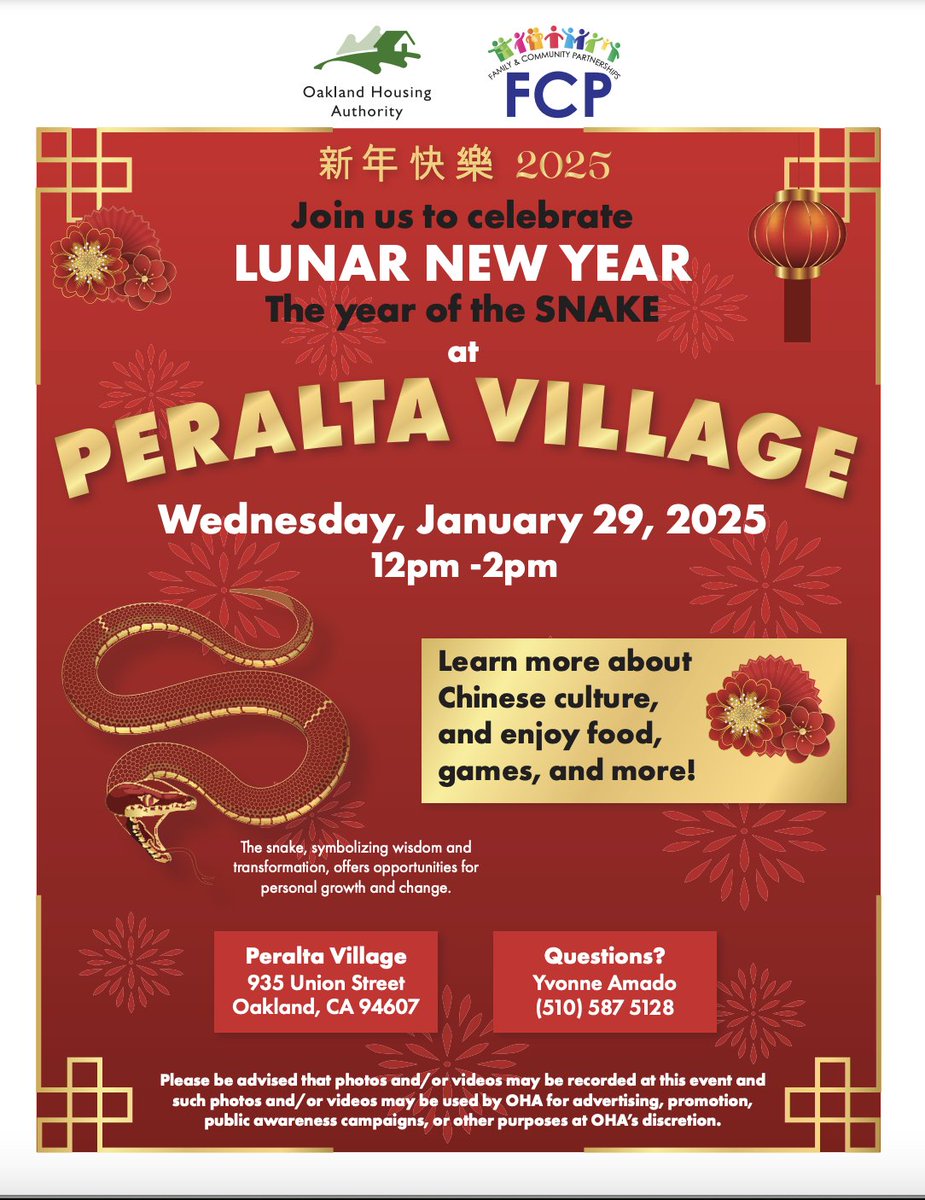 🏮🐍 Celebrate the Year of the Snake with us!

🗓️ Jan 29, 2025

📍 Peralta Village, 12-2 PM

Enjoy Chinese culture with food, games &amp; more! Let's honor the diversity that makes our city vibrant.

#LunarNewYear #YearOfTheSnake #OHA
