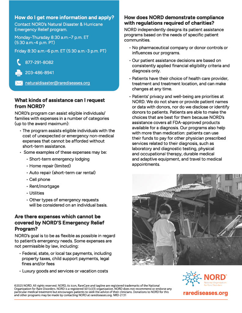 National Organization for Rare Disorders (NORD) (@rarediseases) on Twitter photo Facing a crisis? NORDβs Natural Disaster & Hurricane Emergency Relief Program offers help to rare disease patients in need. Reach out: naturaldisaster@rarediseases.org π #EmergencyRelief #RareDisease #DisasterRelief Facing a crisis? NORDβs Natural Disaster & Hurricane Emergency Relief Program offers help to rare disease patients in need. Reach out: naturaldisaster@rarediseases.org π #EmergencyRelief #RareDisease #DisasterRelief
