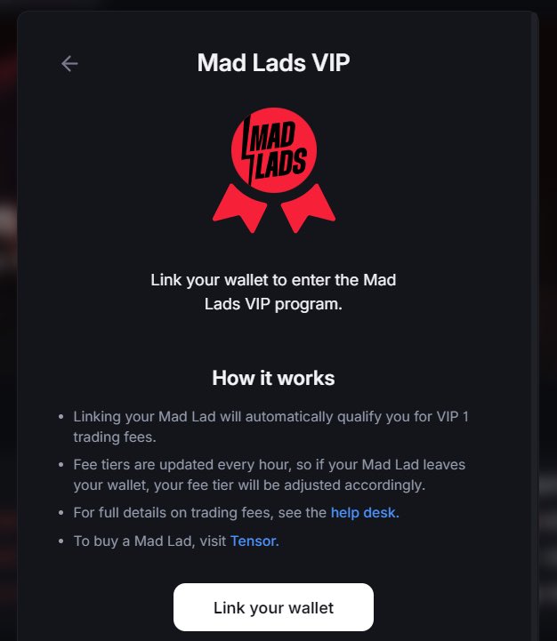.<a href="/MadLads/">Mad Lads</a> are mispriced (this is not shill) - read breakdown below:

By connecting Mad Lads to your <a href="/Backpack/">Backpack 🎒</a> exchange wallet, you immediately unlock VIP 1 tier on Backpack.

Without Mad Lads, you would need $15,000,000 in volume to qualify, and you would pay $3,000 - $6,750 in