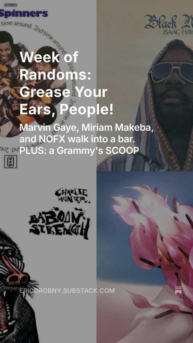 Edition 2 of How to Drob, a free Substack about music, is here! This week we've got Marvin Gaye, Miriam Makeba, NOFX, Niamh Bury and ... a Grammys scoop(?) Also an easy-to-save playlist in there for you.

Please subscribe! Thanks, the support means a lot.

ericdrobny.substack.com/p/week-of-rand…