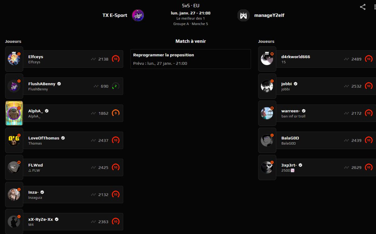 Prochain match ESEA :

Team TX E-sport T CS2 ⚫ 🟣 🔥 
DATE :  27/01/25 
TOP DÉPART : 21h00
🆚 manageY2elf

GOGOGO c'est ce soir !
#TXEsport #CS2 #tournament #ESEAOPEN10