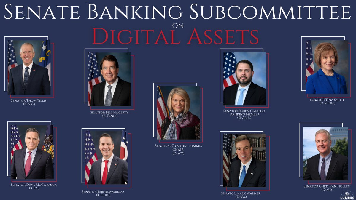 Senator Cynthia Lummis (@senlummis) on Twitter photo The digital asset dream team. Let’s get to work🇺🇸
<a href="/SenThomTillis/">Senator Thom Tillis</a> <a href="/SenatorHagerty/">Senator Bill Hagerty</a> <a href="/SenMcCormickPA/">Senator Dave McCormick</a> @BernieMoreno <a href="/SenRubenGallego/">Senator Ruben Gallego</a> <a href="/SenTinaSmith/">Tina Smith</a> <a href="/MarkWarner/">Mark Warner</a> <a href="/ChrisVanHollen/">Senator Chris Van Hollen</a> The digital asset dream team. Let’s get to work🇺🇸
<a href="/SenThomTillis/">Senator Thom Tillis</a> <a href="/SenatorHagerty/">Senator Bill Hagerty</a> <a href="/SenMcCormickPA/">Senator Dave McCormick</a> @BernieMoreno <a href="/SenRubenGallego/">Senator Ruben Gallego</a> <a href="/SenTinaSmith/">Tina Smith</a> <a href="/MarkWarner/">Mark Warner</a> <a href="/ChrisVanHollen/">Senator Chris Van Hollen</a>