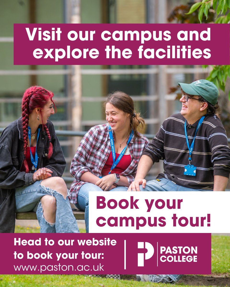 👣👀 Book your Paston College campus tour!

Join us for a campus tour to explore our facilities, meet our friendly students and staff, learn about our diverse range of courses, and get answers to all your questions.

➡️ Click here to book your tour: paston.ac.uk/news-events/ev…