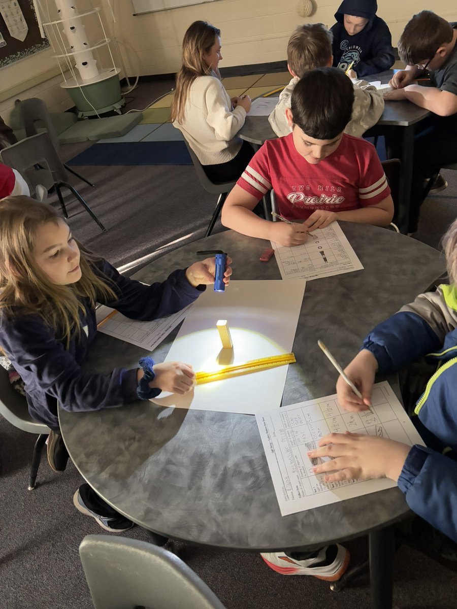 This morning in science we found a dark room to explore how changes in light affect the size and shape of shadows. These 5th grade scientists observed, measured, collected data, analyzed and drew conclusions with this one lesson. Wow! 🤩 #PrairieProud #cpsbest