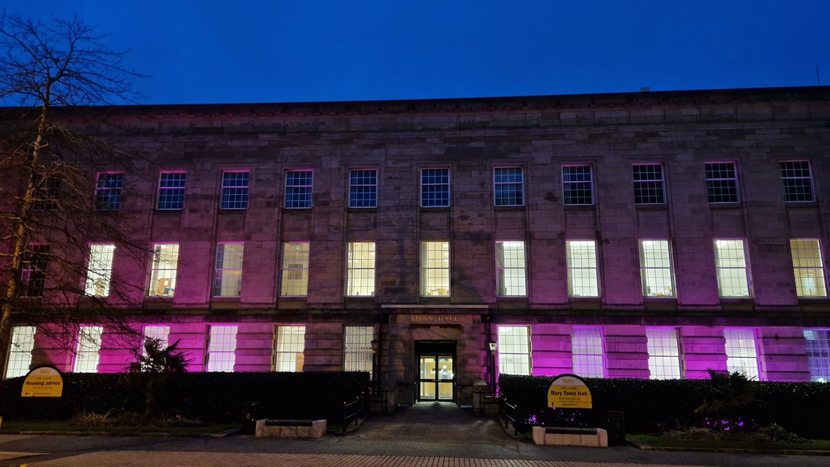 Bury Town Hall has been lit purple this evening to mark Holocaust Memorial Day, remembering the millions who died during the Holocaust, in Bosnia and in other genocides around the world.  

#InclusiveBury #HolocaustMemorialDay