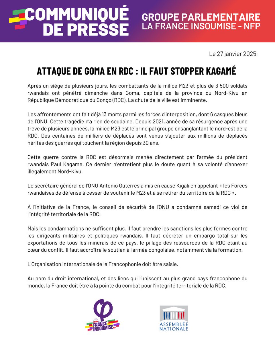 Aurelientache's tweet image. "Cette guerre contre la RDC 🇨🇩 est désormais menée directement par l'armée du président rwandais Paul Kagame. Ce dernier n'entretient plus le doute quand à sa volonté d'annexer le Nord-Kivu"

Cette agression militaire barbare doit être sanctionnée avec la plus grande fermeté par…