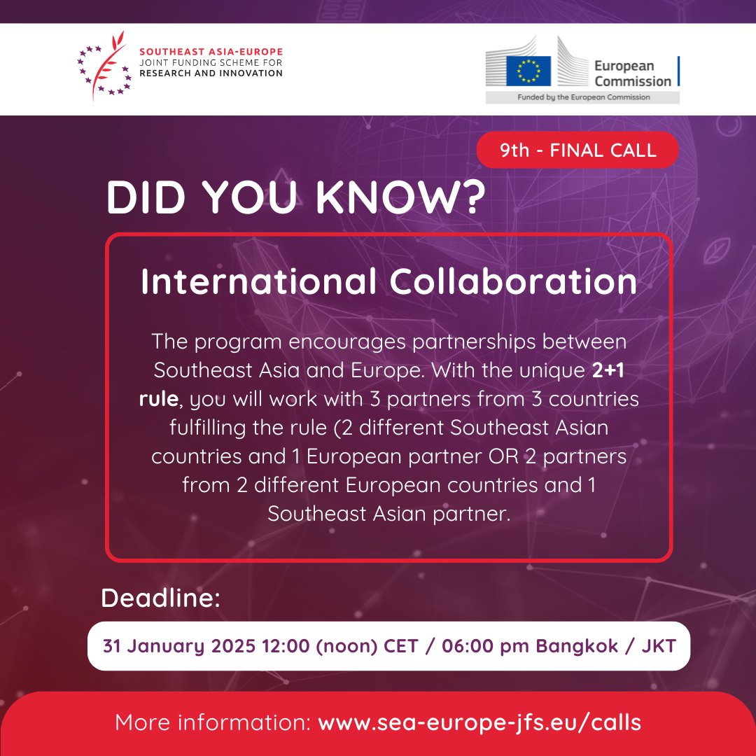 🌏 Strengthen International Collaboration! 🤝✨

Did you know? The 2024 JFS Call for Proposals is your chance to build powerful partnerships between Southeast Asia and Europe! 🌍💡

🔗 Visit the SEA-EU JFS website for details &amp; updates!: sea-europe-jfs.eu/calls

#EU #ASEAN #JFS
