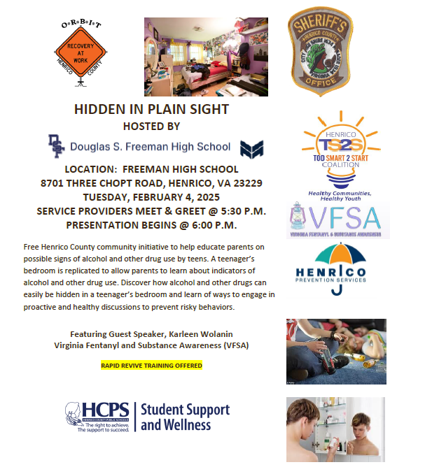 Hidden In Plain Sight @ Freeman High School on Tuesday, February 4th, 6:00 PM.  The program is open to any Henrico parent/guardian or youth.  Learn about trends regarding substance use, increase awareness, and how to start the conversation with your child! <a href="/QMSPTSO/">Quioccasin Middle School PTSO</a> <a href="/QMSGriffins/">Quioccasin Middle School</a>