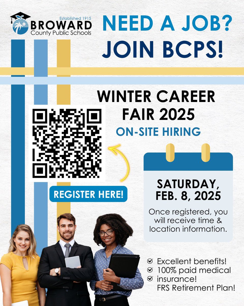BCPS is looking to fill instructional &amp; non-instructional roles for 2025: Teachers, Bus Drivers, Food Service, Custodians, Childcare Workers, Security, Classroom Support &amp; more on Sat, Feb 8th.

Must have authorization to work in the U.S

REGISTER NOW👉bcpscareers.com/career-fair-20…