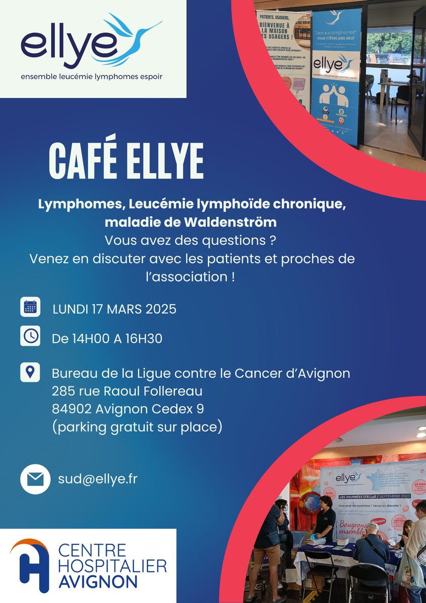 Patients de PACA, retrouvons nous à Avignon 📆le 17/03 ! Participez à notre Café d’ELLyE de 14h à 16h30 au bureau de la <a href="/LigueCancer84/">Ligue contre le Cancer - Comité du Vaucluse</a> pour un moment convivial et des échanges d'ℹ️.
+ d’événements ici ➡️ ellye.fr/evenements
#Lymphomes #LLC #Waldenström #PACA <a href="/ARSPaca/">ARS Paca</a>