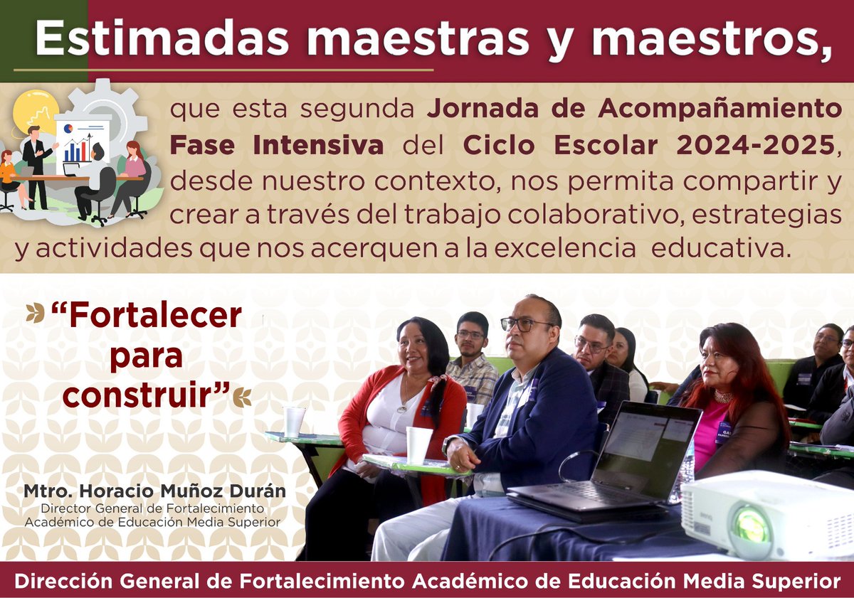 Estimadas maestras y maestros, 

Que esta segunda Jornada de Acompañamiento Fase Intensiva del Ciclo Escolar 2024-2025, desde nuestro contexto, nos permita compartir y crear a través del trabajo colaborativo, estrategias y actividades que nos acerquen a la excelencia educativa.