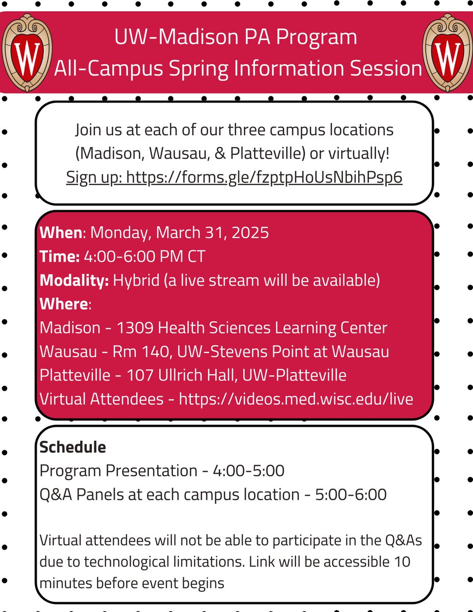 UW-Madison Biology Major (@uwbiomajor) on Twitter photo Attention #BioBadgers!
<a href="/uwsmph/">UW School of Medicine and Public Health</a>'s PA Program will be hosting an info-session at their three locations AND virtually over livestream!
Join them on Monday, March 31st from 4-6PM at UWs Madison, Platteville, or Wausau, or virtually here: videos.med.wisc.edu/live Attention #BioBadgers!
<a href="/uwsmph/">UW School of Medicine and Public Health</a>'s PA Program will be hosting an info-session at their three locations AND virtually over livestream!
Join them on Monday, March 31st from 4-6PM at UWs Madison, Platteville, or Wausau, or virtually here: videos.med.wisc.edu/live