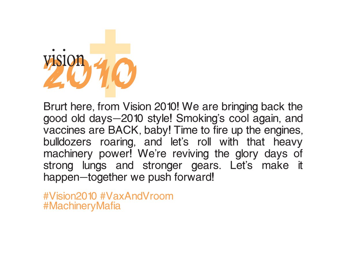 peelverse's tweet photo. 🚨 PRESS RELEASE 🚨
Vision 2010—world go back, Obama. Pfizer? Moderna? Oui. Forklift democracy. 2010 or bust! Join now.

#BringBack2010 #VaxAndRelax #HeavyMachineryVibes
#VaccinesAreBack #BulldozerAesthetic #NostalgiaReloaded #ConstructionCore #Vision2010Movement https://t.co/6qLBVpQpjz