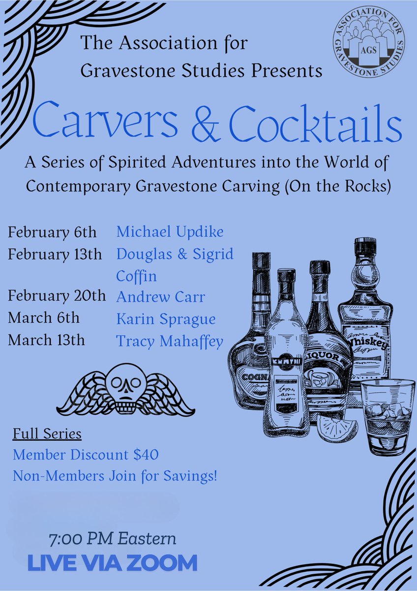 For #MementoMoriMonday a special event announcement from the Assoc for Gravestone Studies: Carvers &amp; Cocktails! We have a great lineup of some great contemporary stonecutters who will discuss their craft. Register here gravestonestudies.org/carvers-and-co… and see you there!