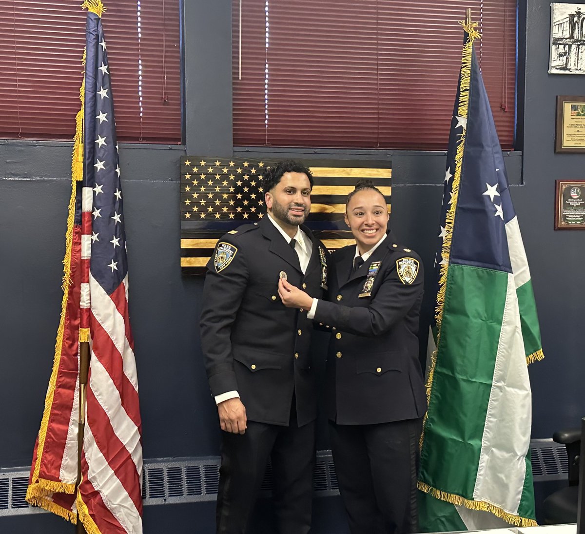 Former CO Deputy Inspector Suarez  proudly hands over the 72  pin to the new Commanding Officer, Captain Mobeen Yasin. He is continuing the commitment to serve and protect our community. Congratulations again, Captain Yasin!