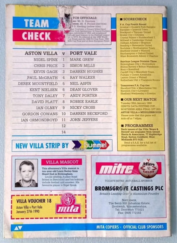 AndrewUllah's tweet photo. Thought our name was on the๐after this magnificent performance On This Day 1990. F.A.CUP 4th Round @AVFCOfficial 6-0 @portvale Gate 36,532. My match programme got ruined that day as well #VillaPark #AstonVilla #PortVale #FACUP https://t.co/rOTR1eNKR0