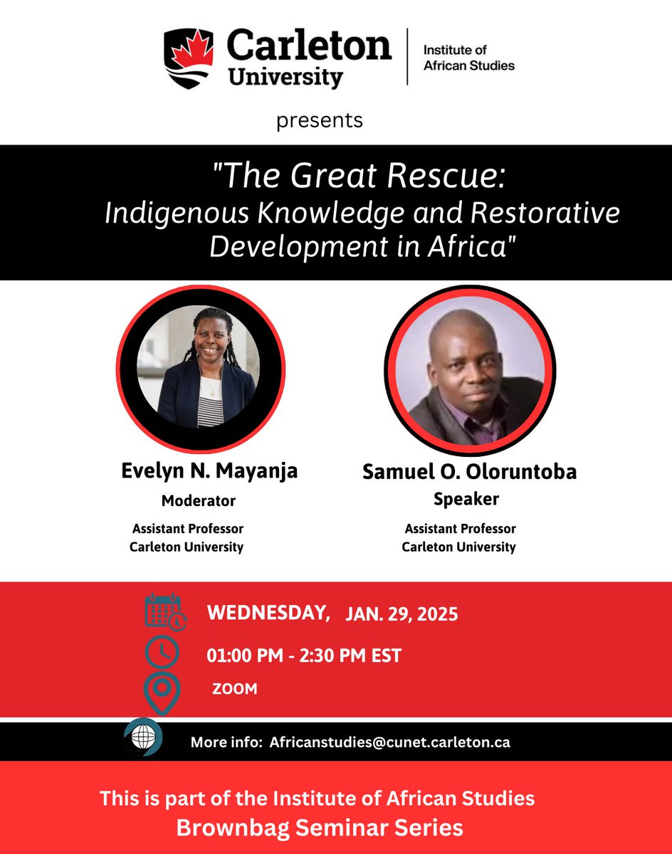 🌍 Join us for a thought-provoking Brownbag Seminar: The Great Rescue: Indigenous Knowledge and Restorative Development in Africa 🌍
🗓️ January 29, 2025
⏰ 1:00 PM - 2:30 PM EST
📍 Zoom (Free)
Speakers: Dr. Samuel Ojo Oloruntoba &amp; Dr. Evelyn N. Mayanja
Register here: