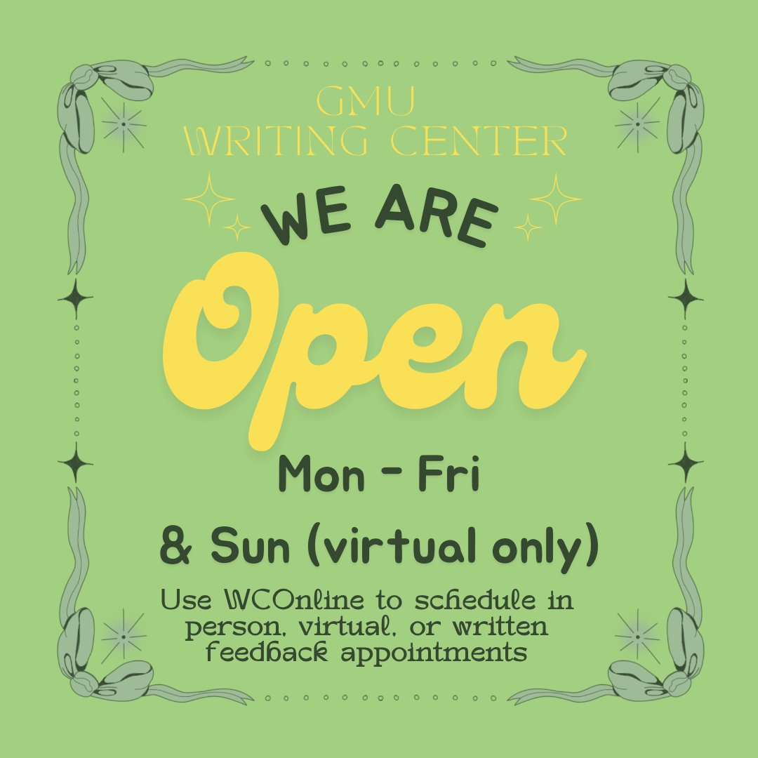 We are back and ready to take on the spring semester. We’re open Mon-Thurs 10:30-6:30 and Sun 12:30-5:30. We also have limited virtual appointments from 6:30-8:30 on Monday and Thursday evenings. Book appointments at gmu.mywconline.com!
