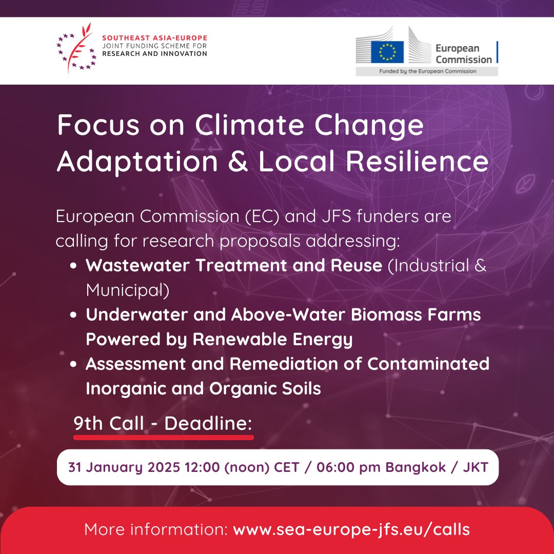 🌍 Call for Proposals: 2024 JFS on Climate Change Adaptation &amp; Local Resilience 🌿

🗓 Deadline: January 31, 2025

📌 Apply now and be part of the movement for a sustainable future through global collaboration!
🔗 sea-europe-jfs.eu/calls

#JFS2024