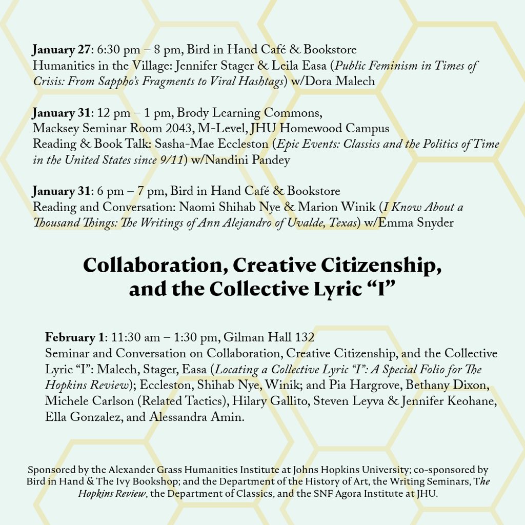 THR 17.1, with our special guest edited folio “Locating a Collective Lyric ‘I,’” is now open access via Project MUSE thru 2025. We’re celebrating with a week of free events at &amp; near Johns Hopkins. 🙏🏻 <a href="/jmss/">Jennifer Stager</a> <a href="/Hopkins_Review/">The Hopkins Review</a> 💕

muse.jhu.edu/issue/52008

hopkinsreview.com/171-folio
