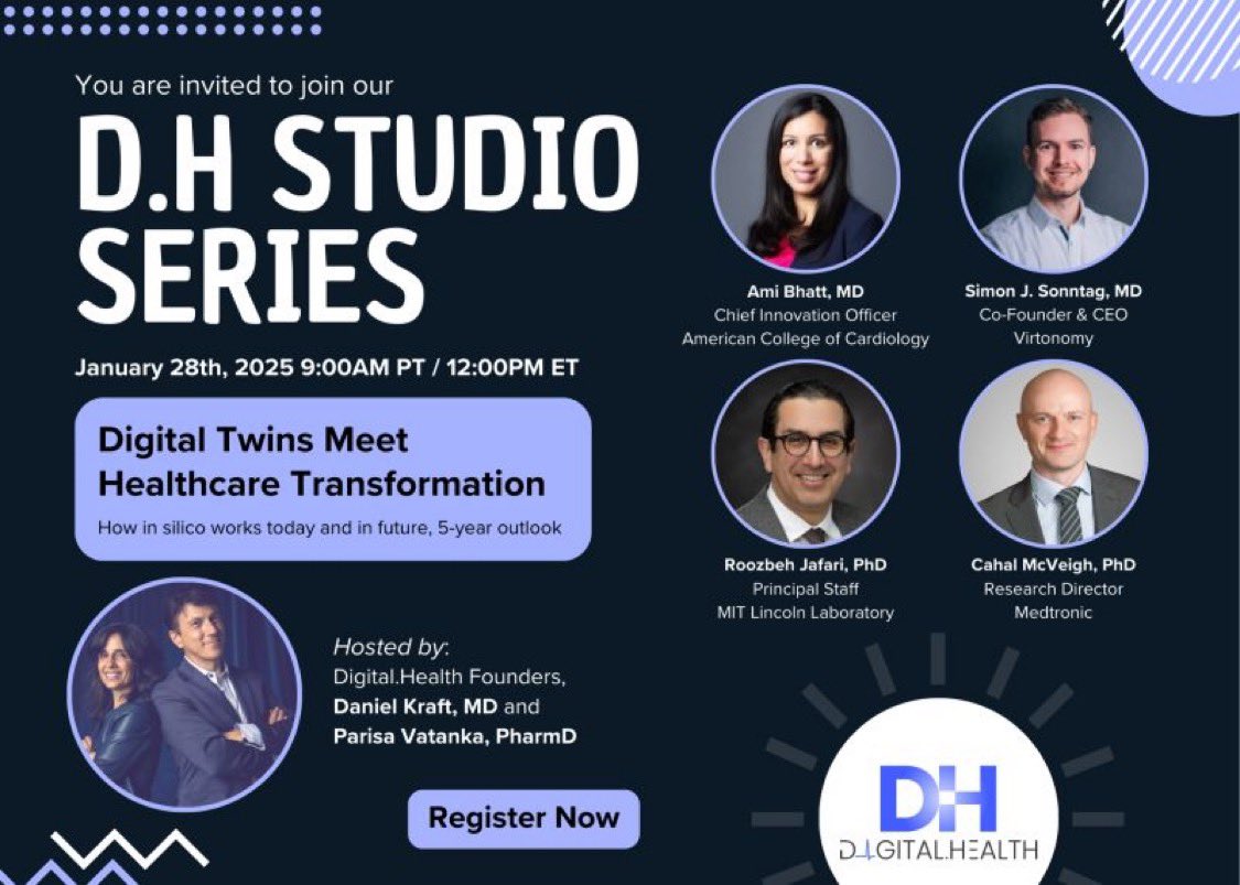 Digital.Health (@digitaldhealth) on Twitter photo Digital Twins Meet Healthcare Transformation:
Join the <a href="/DigitalDHealth/">Digital.Health</a>'s Studio Series, featuring <a href="/AmiBhattMD/">Ami Bhatt, MD</a> from <a href="/ACCinTouch/">American College of Cardiology</a>, Simon Sonntag, CEO of Virtonomy, & Roozbeh Jafari of <a href="/MITLL/">Lincoln Laboratory</a>
9am PST, Tues Jan 28th.
Register here us06web.zoom.us/webinar/regist…
#DigitalHealth Digital Twins Meet Healthcare Transformation:
Join the <a href="/DigitalDHealth/">Digital.Health</a>'s Studio Series, featuring <a href="/AmiBhattMD/">Ami Bhatt, MD</a> from <a href="/ACCinTouch/">American College of Cardiology</a>, Simon Sonntag, CEO of Virtonomy, & Roozbeh Jafari of <a href="/MITLL/">Lincoln Laboratory</a>
9am PST, Tues Jan 28th.
Register here us06web.zoom.us/webinar/regist…
#DigitalHealth