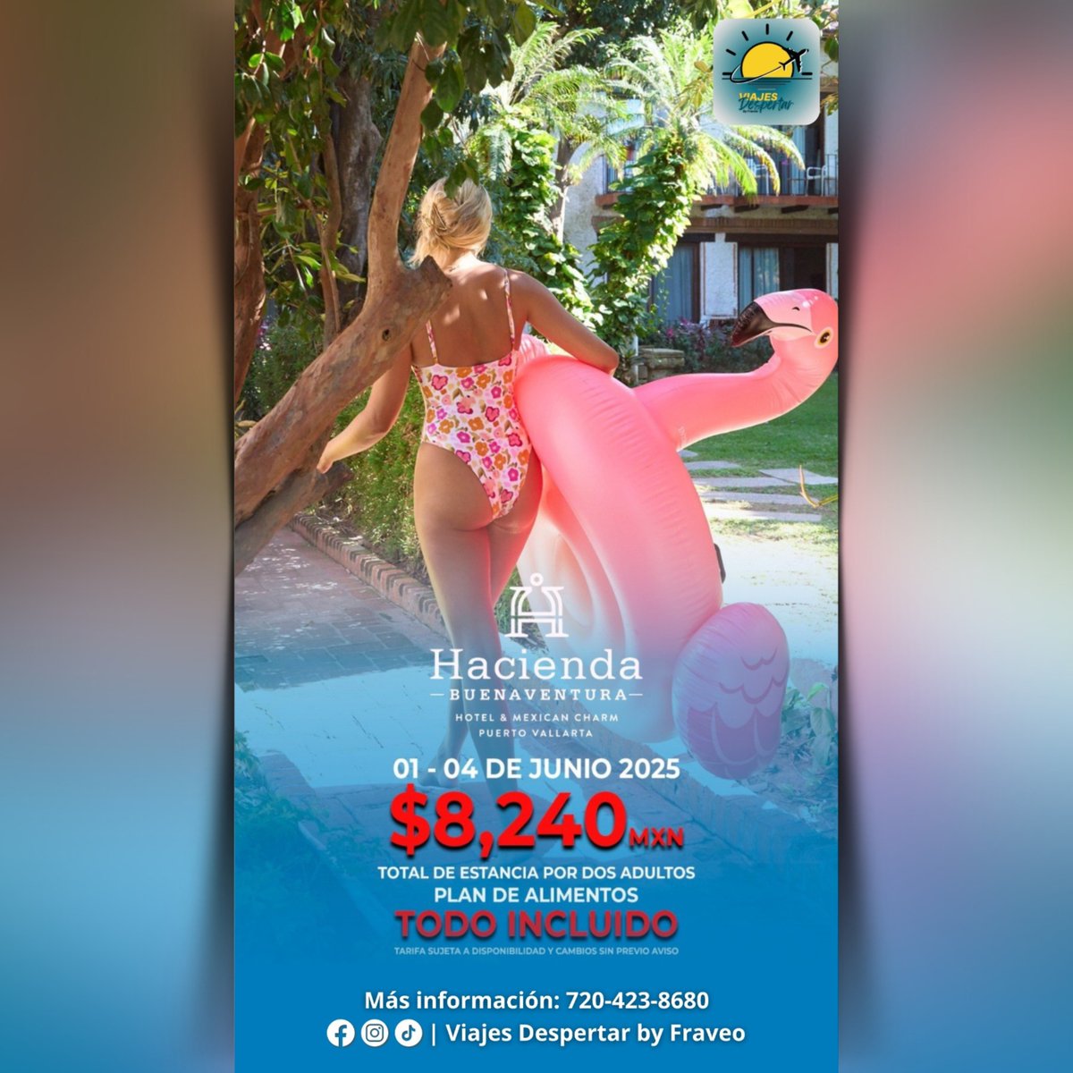 ViajesDespertar's tweet photo. 🌞🌴 ¡Escápate a Puerto Vallarta y disfruta de @haciendabuenaventura! 
Del 1 al 4 de junio 2025, relájate en un paraíso para toda la familia. 

¡Reserva tu lugar ahora! 
📲 Más info: https://t.co/87IVIfFvcF 

#PuertoVallarta2025 #HaciendaBuenaventura #ViajaConNosotros https://t.co/N45J7CKrkD