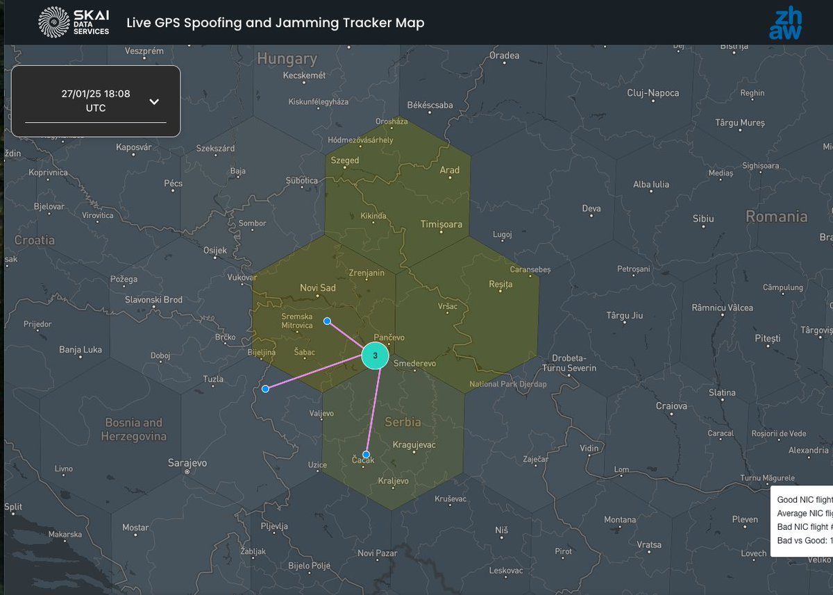 Benoit Figuet (@mrfiguette) on Twitter photo We’ve identified significant GPS interference on spoofing.skai-data-services.com correlating with the ongoing protests in Serbia. Using data from <a href="/OpenSkyNetwork/">OpenSky Network</a> we observed:
✈️ 3 aircraft spoofed
✈️ Over 50 flights with GPS navigation issues
🕙 Peak disruption at 10:00 UTC We’ve identified significant GPS interference on spoofing.skai-data-services.com correlating with the ongoing protests in Serbia. Using data from <a href="/OpenSkyNetwork/">OpenSky Network</a> we observed:
✈️ 3 aircraft spoofed
✈️ Over 50 flights with GPS navigation issues
🕙 Peak disruption at 10:00 UTC