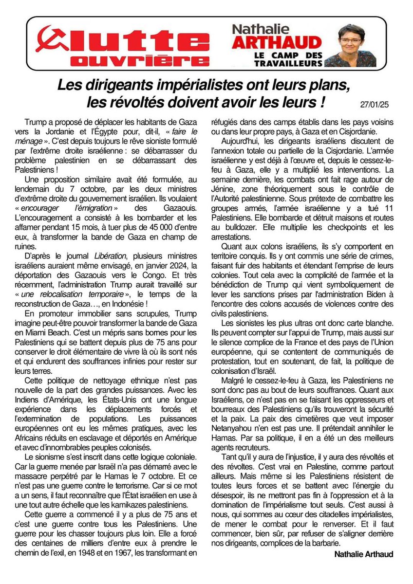 n_arthaud's tweet photo. Mon édito sur la proposition de Trump de déporter les Palestiniens en Égypte et Jordanie et la politique sioniste de l'État d'Israël. ⬇️ https://t.co/Vsy3IPx8BX