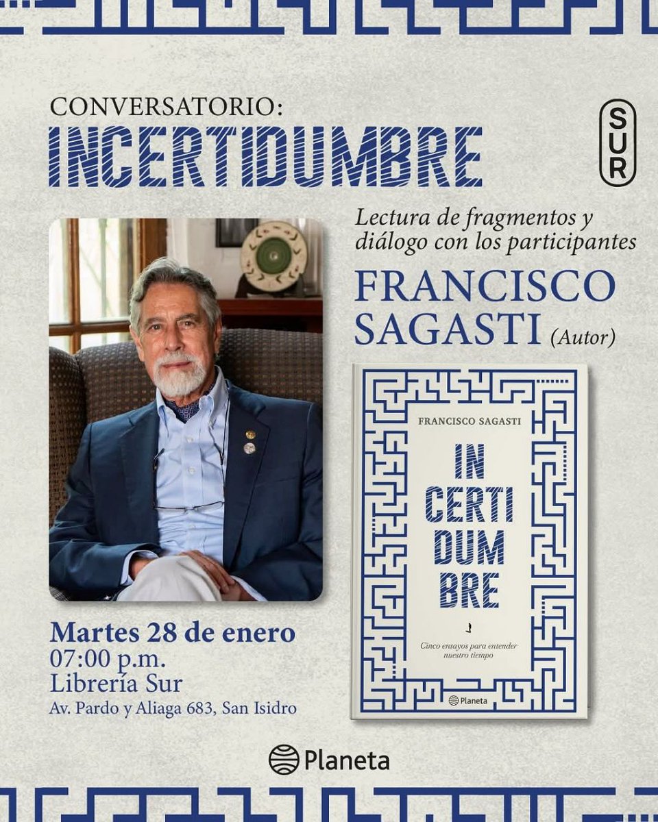 Francisco Sagasti (@fsagasti) on Twitter photo Los espero mañana martes 28 de enero a las 7 pm, en la <a href="/LibreriaSur/">Librería SUR</a>. Estaré leyendo algunos fragmentos y dialogando con el público asistente Los espero mañana martes 28 de enero a las 7 pm, en la <a href="/LibreriaSur/">Librería SUR</a>. Estaré leyendo algunos fragmentos y dialogando con el público asistente
