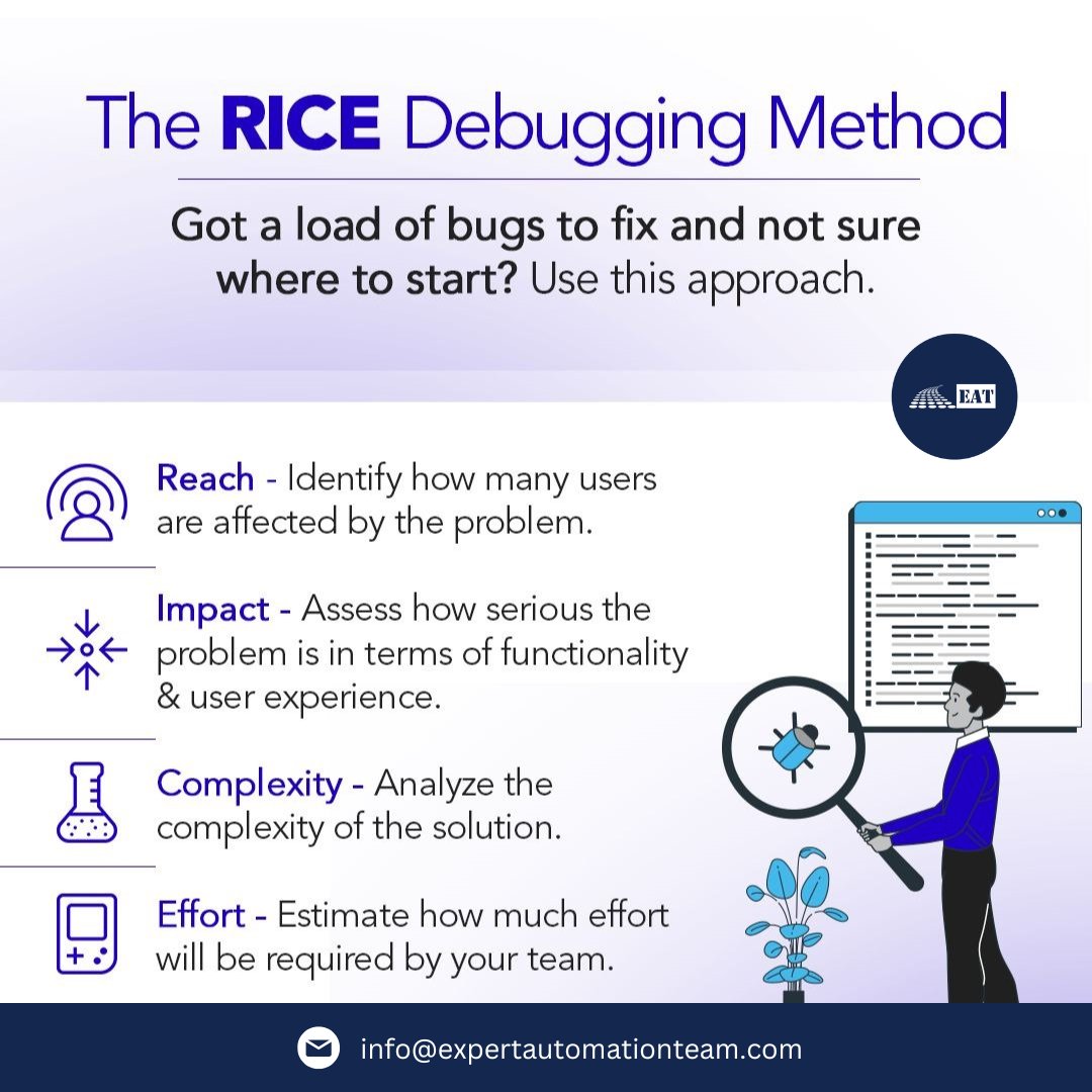 EATAutomation's tweet photo. The RICE Debugging Method

Got a load of bugs to fix and not sure where to start? Use this approach.

For more tips follow our page.

#debugging #debuggingmethods #bugfixing #buglifecycle #bugreporting #codebugs #bugfreecode #bugfix #developerlife #buglife #ExpertAutomationTeam https://t.co/2gtkHfXFIT