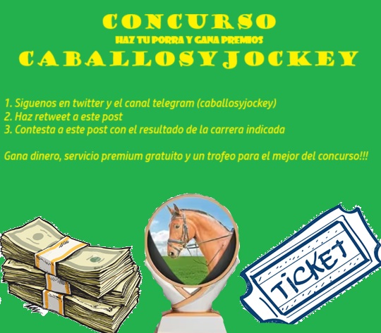 caballosyjockey's tweet photo. 💥PORRA 3º carrera. Semana 27 Enero.   
1. Sígueme en twitter  
2. Sígueme en telegram: https://t.co/WDnNVcolVX
3. Dar RT a este tweet.  
4. Contesta con tu porra    

4º Carrera Kempton 29 Enero   
1º  
2º 
3º    
📸 Participa hasta 29 Enero 19:00 https://t.co/UEvhuv5tPj
