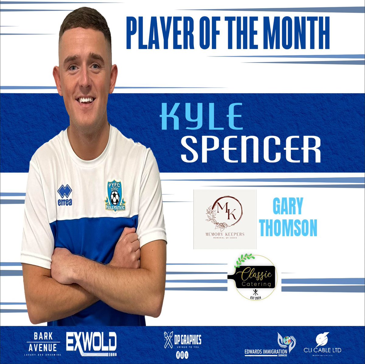 pyfc_seniors's tweet photo. 𝐏𝐥𝐚𝐲𝐞𝐫 𝐨𝐟 𝐭𝐡𝐞 𝐦𝐨𝐧𝐭𝐡 | 𝐊𝐲𝐥𝐞 𝐒𝐩𝐞𝐧𝐜𝐞𝐫

Our player of the month for January goes to Kyle Spencer a fantastic return since the Christmas break for Kyle has seen him voted by his team mates. 

Kyle is sponsored by Memory Keepers, Gary Thomson &amp; Classic Cater https://t.co/CGuf2bMRIY