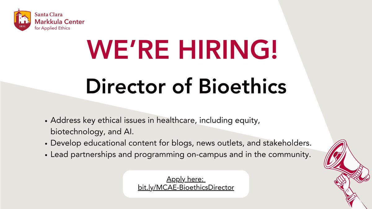 📢 We’re hiring! Join @SCUethics as the Director of Bioethics 🧬🌱. Lead groundbreaking programs on healthcare ethics, AI, &amp; public health.
Apply today:  bit.ly/MCAE-Bioethics…