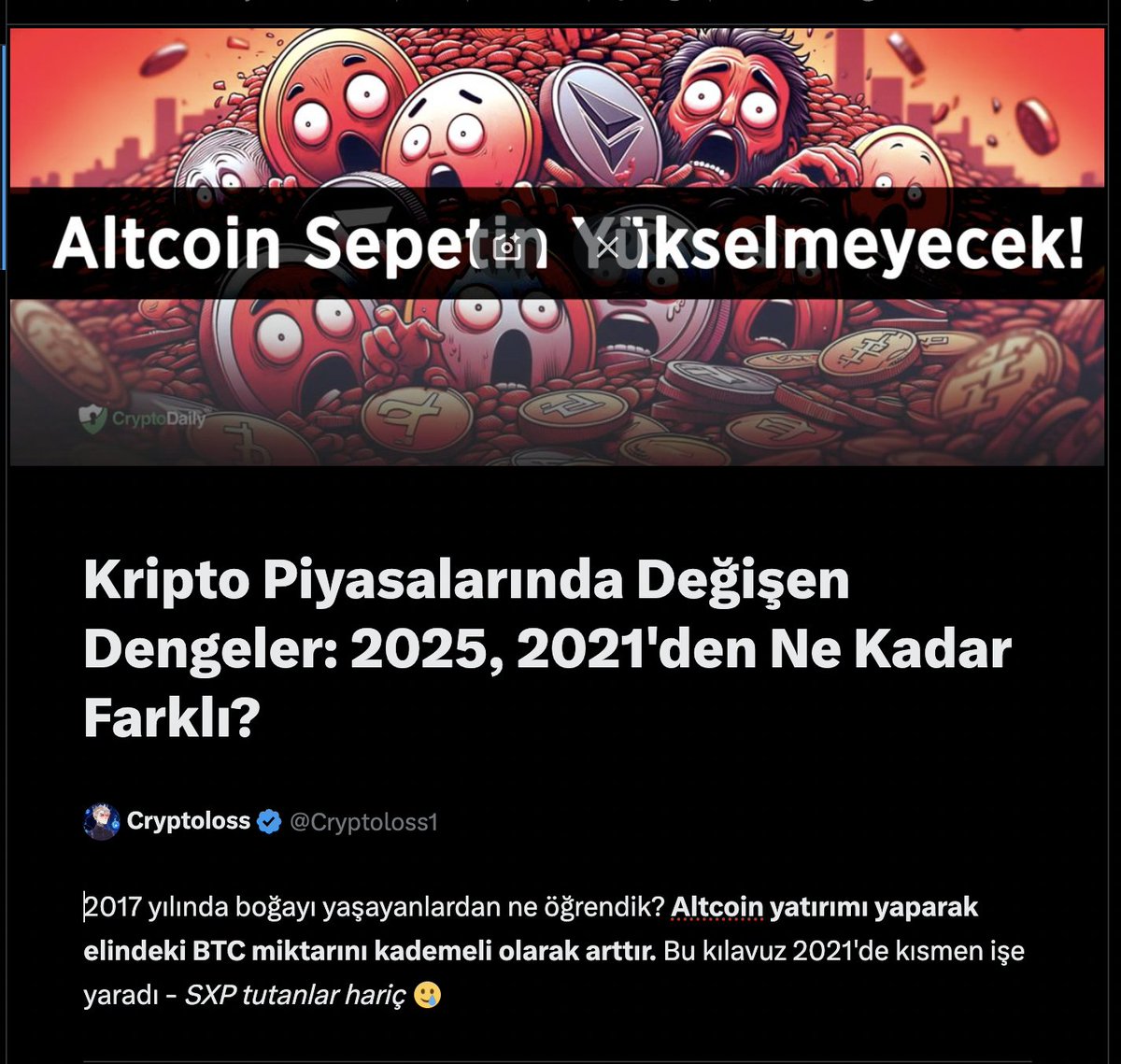 paralog1's tweet photo. Neden altcoin sezonu gelmiyor?

2013-2014 arası : 500 proje
2017-2018 arası 3K proje  
2021 arası: 300k- 3M proje

- Bugün piyasada toplam 36.4M proje (coin-token) var ve 2025 yılı sonunda bu rakamın 100M ulaşılması bekleniyor.

- Bu konu hakkında tam makale yazıyordum ancak bu veriyi görünce dayanamayıp atayım dedim 😅

- İşin özü şu piyasaya oluk oluk para aksada senin aldığın altcoin yükselmeyebilir. Kolu erkenden kesip trend olan sektörlere atlamanın önemli olduğunu düşünüyorum.