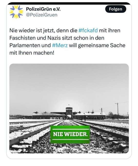 Die <a href="/PolizeiGruen/">PolizeiGrün e.V.</a> überschreitet hier alle Grenzen.

Übrigens, die Menschen, die gegen Juden und Israel hetzen auf unseren Straßen, Unis und im Internet, sind nicht rechts, sie sind links. Aber auf dem Auge seid ihr ja blind.