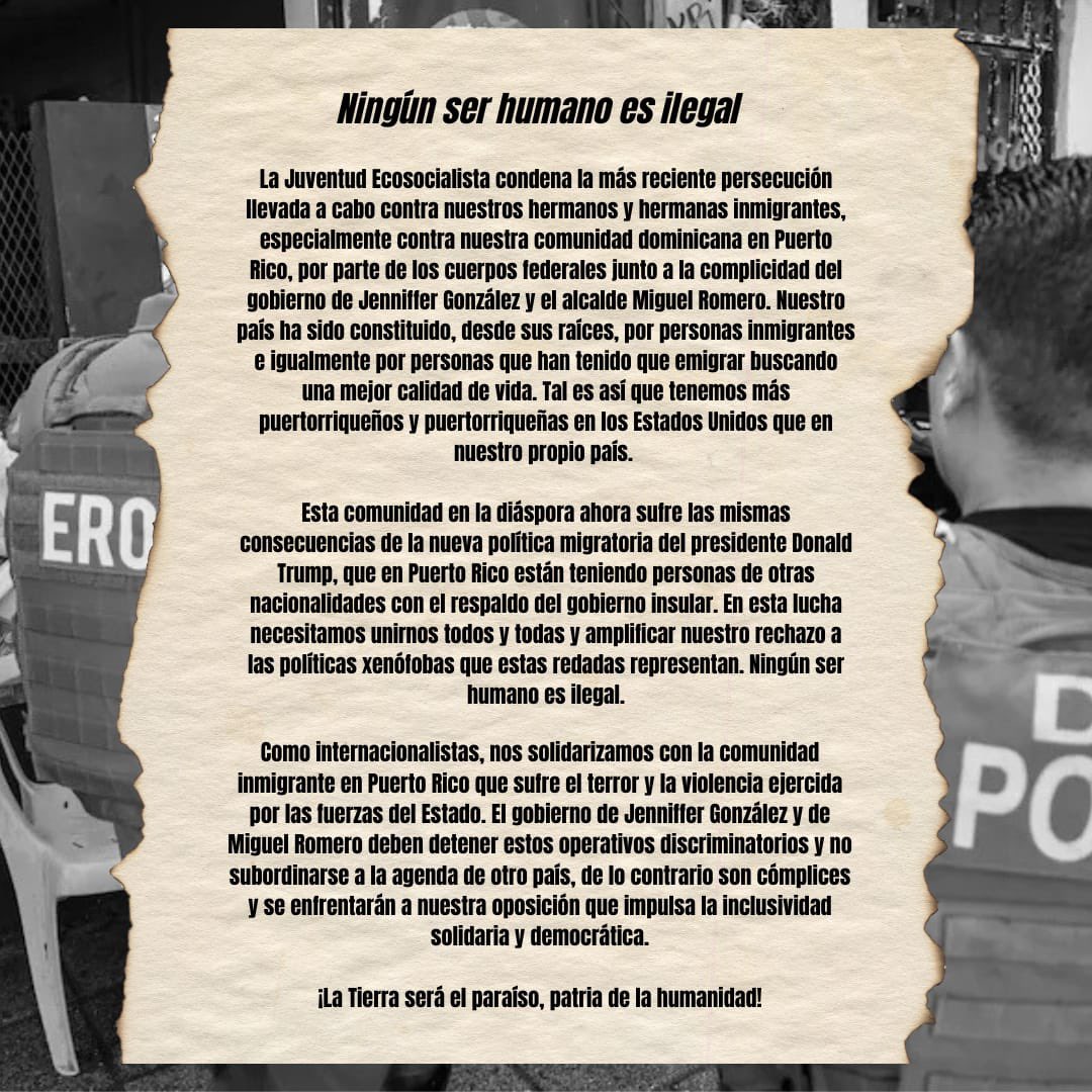 LaJecoDS's tweet photo. La Juventud Ecosocialista condena la persecución en contra de la comunidad inmigrante en nuestro país. Ninguna persona es ilegal. https://t.co/2Ssj3ZgfAS