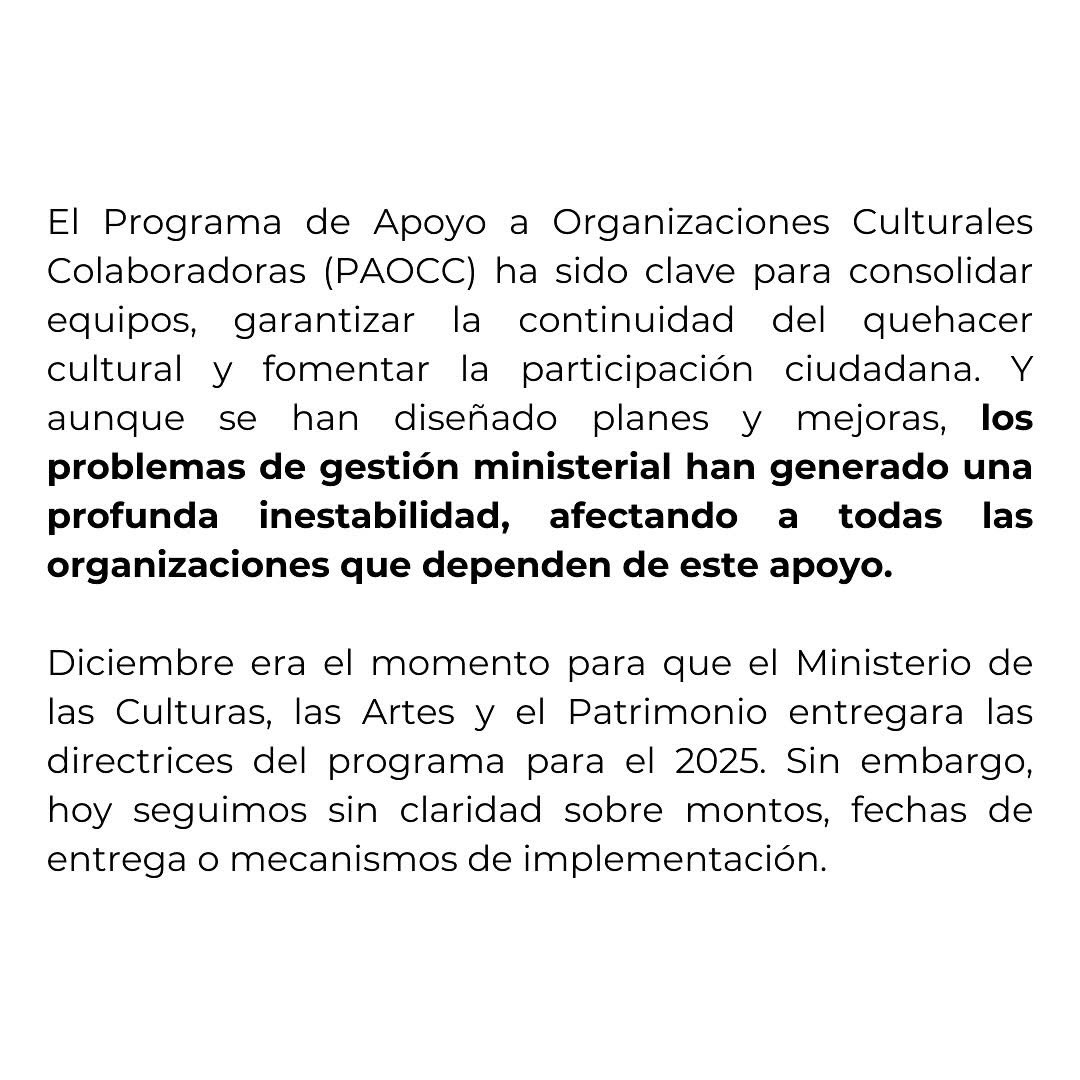 todalaculturacl's tweet photo. Compartimos la carta de @RedSalasTeatro sobre la incierta y preocupante situación del Programa de Apoyo a Organizaciones Culturales Colaboradoras #PAOCC del @culturas_cl que hoy afecta a diversas instituciones artísticas del país y a quienes en ellas trabajan https://t.co/BBP2fV5MG6