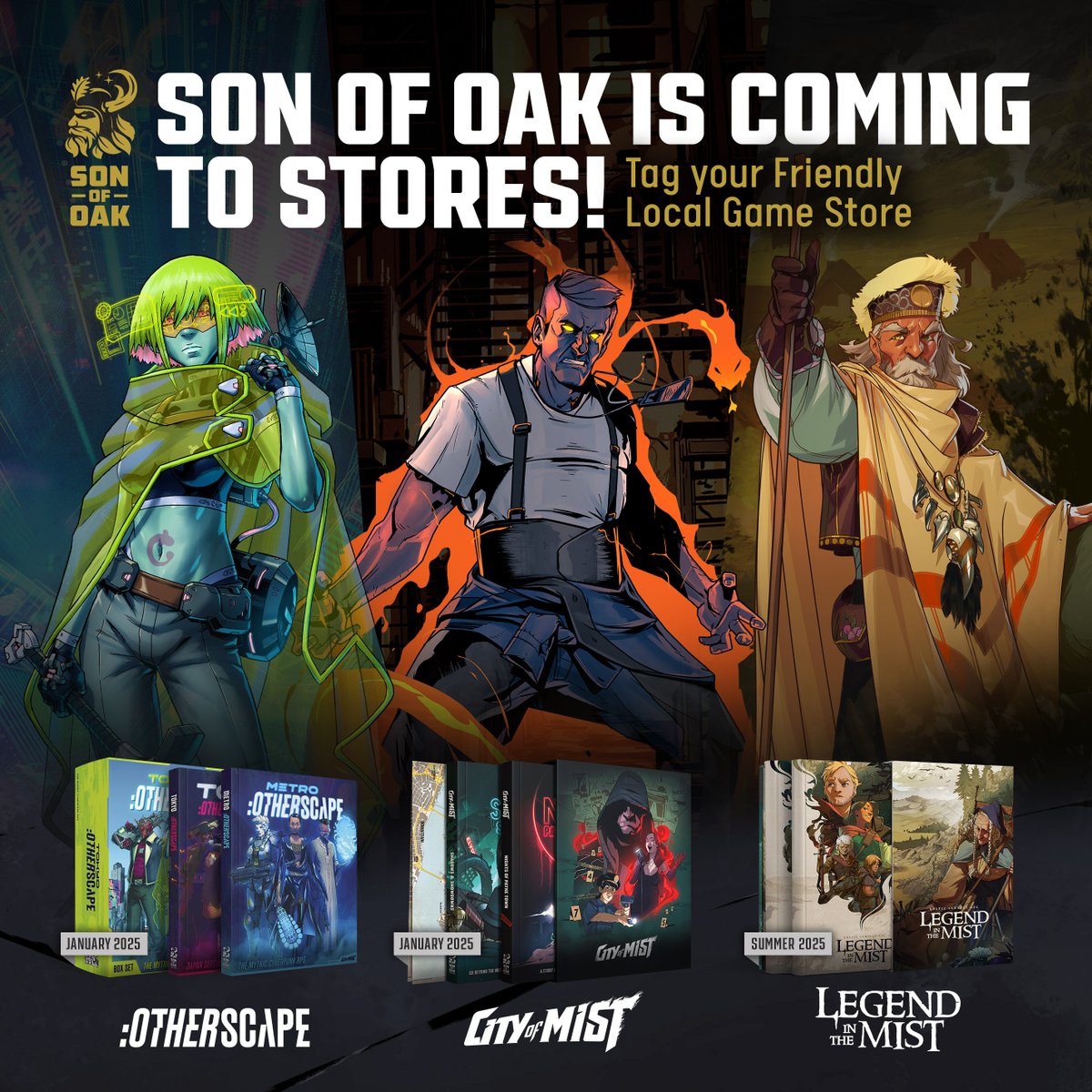 SonOfOakGames's tweet photo. To celebrate our games arriving in local stores, we’re having an RPG giveaway! Repost/retweet this post and tag your local game store to be entered into a raffle to win a $50 store gift code, as well as to let your neighborhood shop know that they can start stocking Son of Oak RPGs right now.