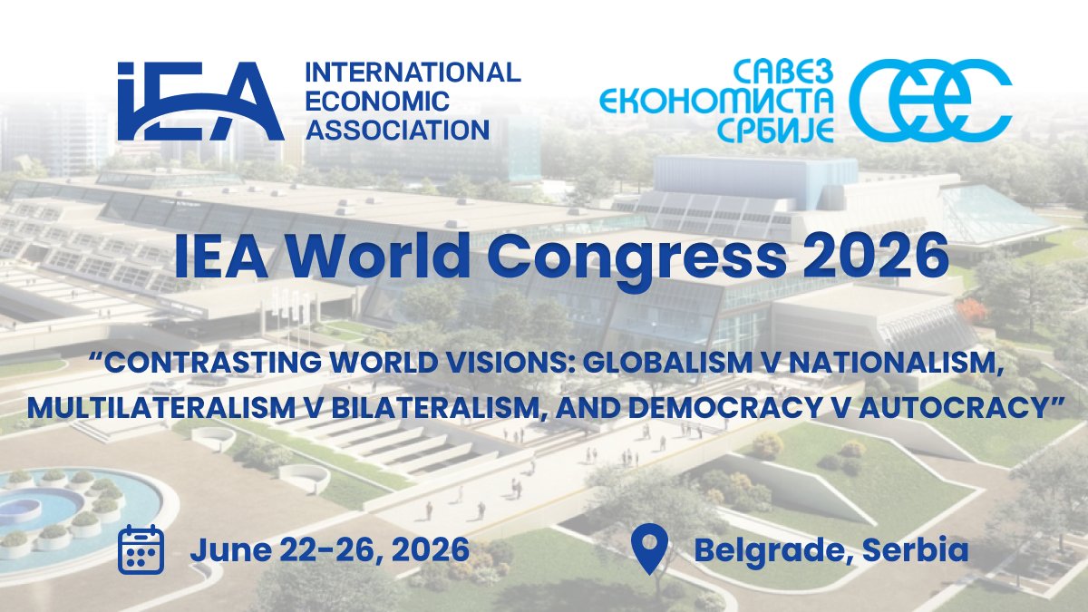 The IEA is delighted to announce that the next World Congress will take place in Belgrade, Serbia, from June 22 to 26, 2026. In partnership with the Serbian Association of Economists (SAE), the event will be held at the Sava Centar in Belgrade.