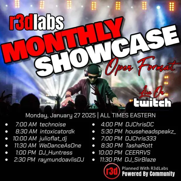 Kicking off this week as part of the r3dlabs monthly showcase, playing some eurobeat!

twitch.tv/dj_huntress
