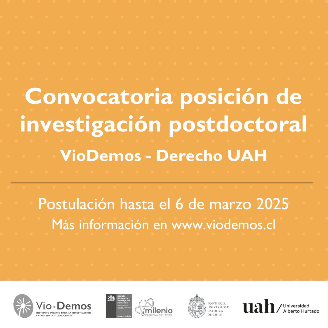 VioDemos_Chile's tweet photo. ✍️Estamos aceptando postulaciones para una posición postdoctoral de dos años vinculada a @derechouah. El foco de la investigación está ampliamente definido sobre las experiencias y expresiones de violencia estatal y/o con relación la violencia ejercida sobre territorios en Chile. https://t.co/ExVI0UqF3T