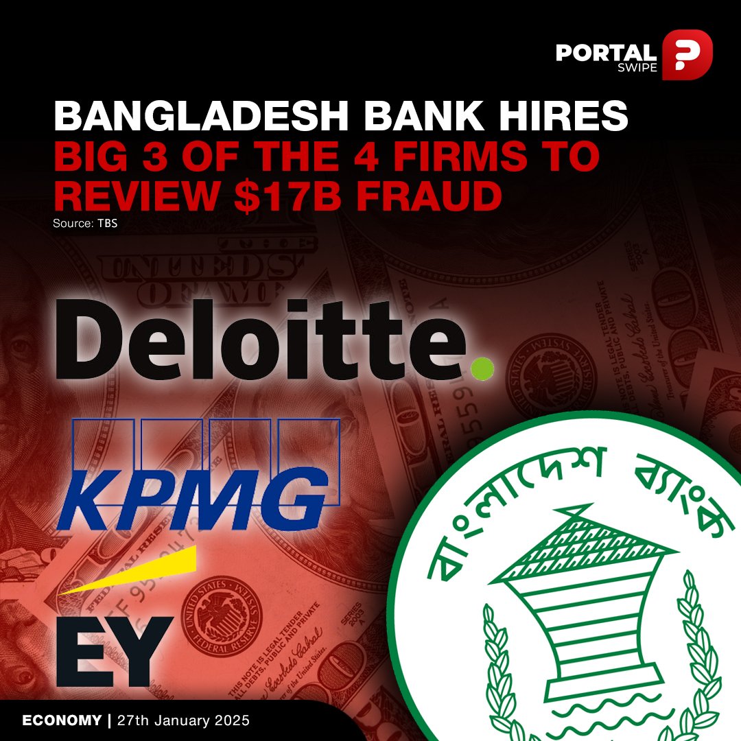 portalswipe's tweet photo. Bangladesh Bank Hires 3 of the Big 4 Accounting Firms to review $17 Billion Fraud
Read more
https://t.co/YIAzSvxoI7
#BangladeshBank #FraudInvestigation #BigFourFirms #AssetRecovery #SheikhHasina #SAlamGroup https://t.co/twl4NleEmI