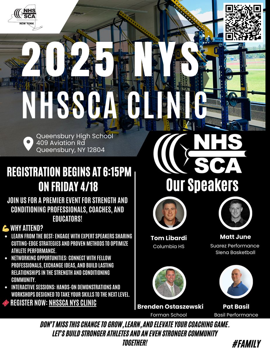 NHSSCA_NY's tweet photo. Join us for the NHSSCA New York State Clinic—a premier event for strength and conditioning professionals, coaches, and educators!

📅 Date: 4/25/25
📍 Location: QBY High School
🎟️ Register Now: https://t.co/L1mjiCn14e

#NHSSCA #StrengthAndConditioning #FAMILY https://t.co/lvKfTOF7nr