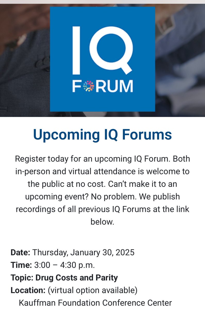 stacyfarr's tweet image. Join us Thursday 1/30 for the IQ Forum @HealthcareUMKC on
Drug Costs and Parity
💊💸
Hope to see you in person; refreshments and networking available!
Virtual option also.
Register: healthcareinstitute.umkc.edu/iqforums/