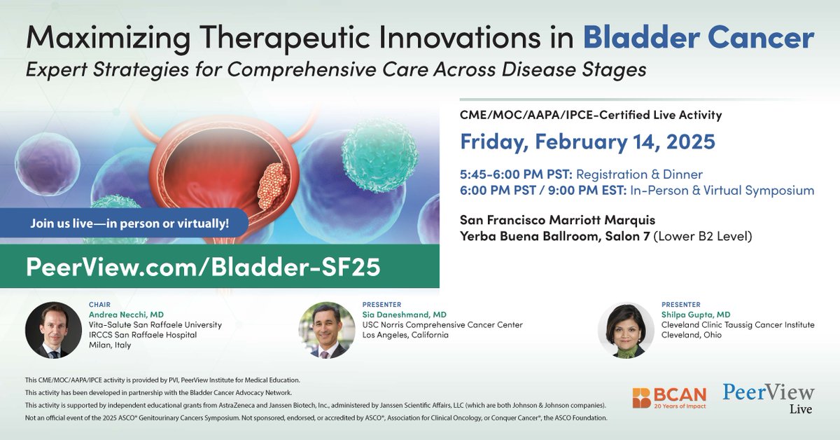 PeerView's tweet photo. Join Dr. Andrea Necchi (@AndreaNecchi) and Colleagues on 2/14 at 5:45 PM PST during #GU25 for a #BladderCancer #MedEd event. Produced with @BladderCancerUS. https://t.co/oxdV7DNFxF #BCAN https://t.co/Df1ZM3NUIH