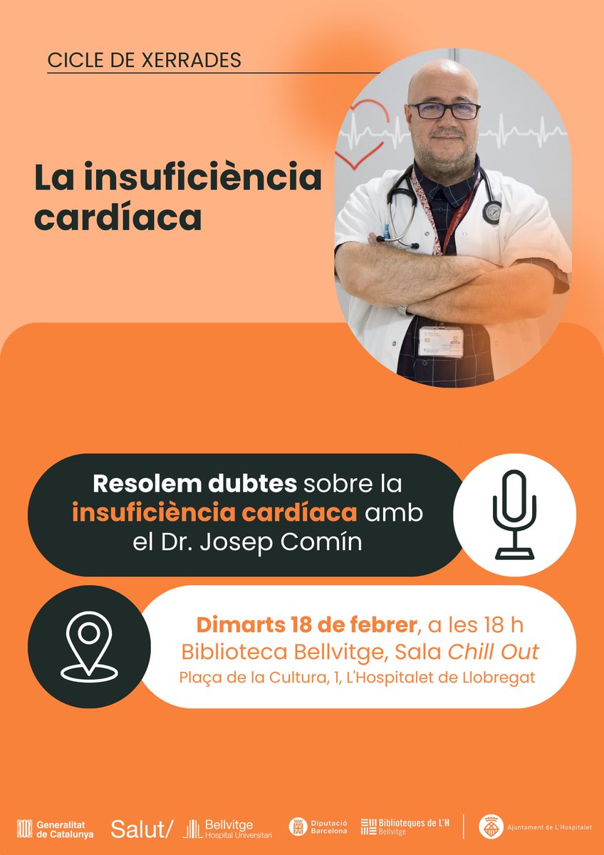 🗣️ Cicle de xerrades: Resolem dubtes sobre insuficiència cardíaca amb el Dr. Josep Comín
📅 18 de febrer
📍 Sala Chill Out <a href="/BiblioBellvitge/">Biblioteca Bellvitge</a>
🫀 La insuficiència cardíaca és una malaltia crònica, en el transcurs de la qual podeu passar per fases en què estigueu estable i per altres