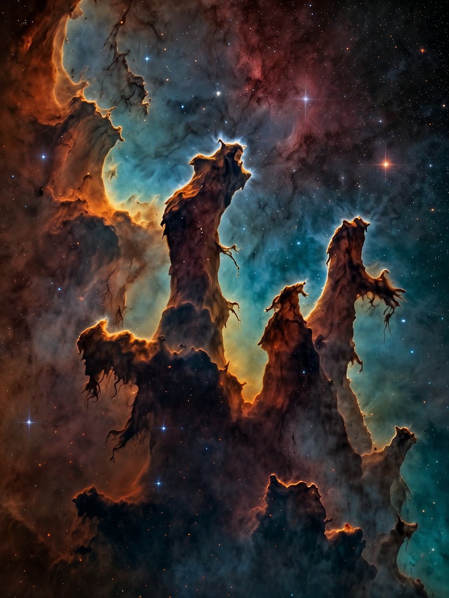 Dremdra's tweet photo. DremdraAI | AI Art | Space | Detailed | Ultra HIRES |

✨ Nebulas: Imagine vast clouds of stardust and gas, painting the cosmos with colors we've never seen. These are the nebulas - the universe's art galleries where stars are born or die in spectacular fashion. From the glowing Orion to the haunting Horsehead, each nebula tells a story of cosmic evolution.

📷The Pillars of Creation: Hidden within the Eagle Nebula, these majestic structures stand tall, like cosmic skyscrapers. They're not just beautiful; they're nurseries for new stars, shrouded in mystery and illuminated by the light of their stellar neighbors. It's where the universe whispers secrets of birth amidst the chaos of creation.

📷