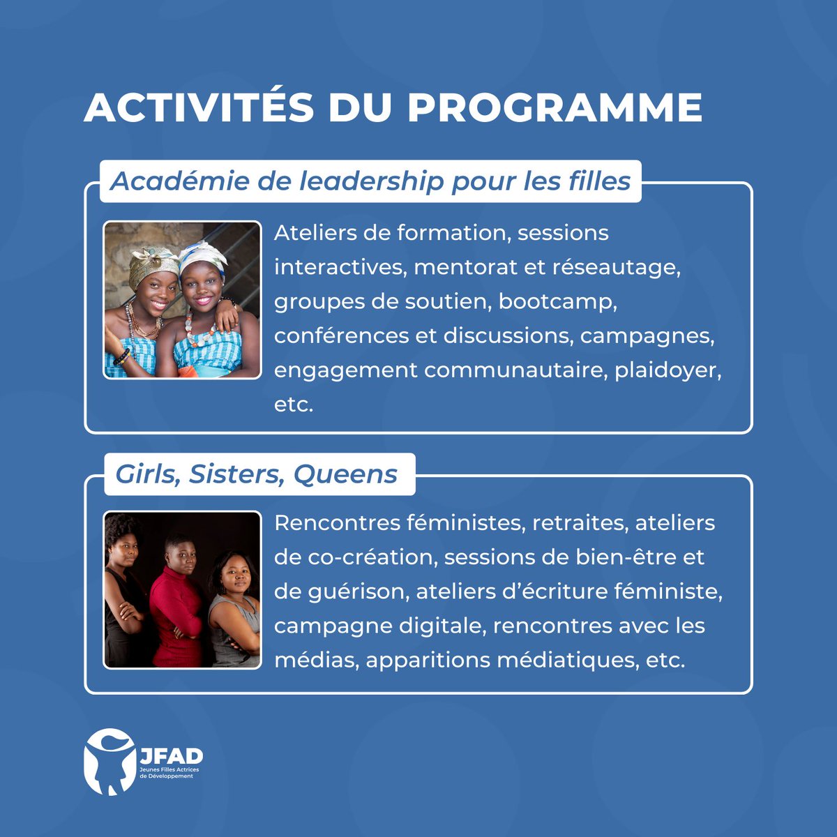 Jfad_Ong's tweet photo. qui facilitent leur processus de déconstruction et d’émancipation.
C’est ce que nous faisons à travers ce programme, tout en poursuivant les efforts pour consolider les espaces féministes existants et renforcer le mouvement. ✊🏾💜

#TeamJFAD (3) https://t.co/hhqlzvi8KK