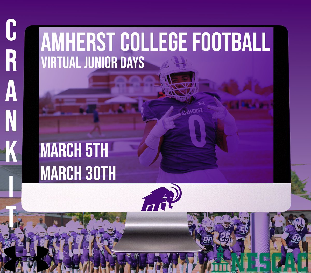 2026'S - TWO OPPORTUNITIES TO LEARN ABOUT AMHERST COLLEGE FOOTBALL VIA OUR VIRTUAL JUNIOR DAYS !!

MARCH 5TH

MARCH 30TH

SIGN UP VIA LINK BELOW
questionnaires.armssoftware.com/187d2b90767a